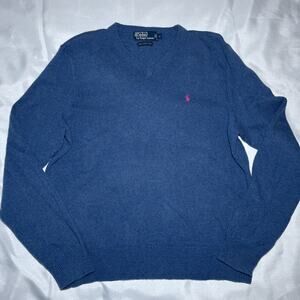 Vintage Polo Ralph Lauren Knit Lambs Wool V-neck Sweater Men L Blue w/ Pink Pony
